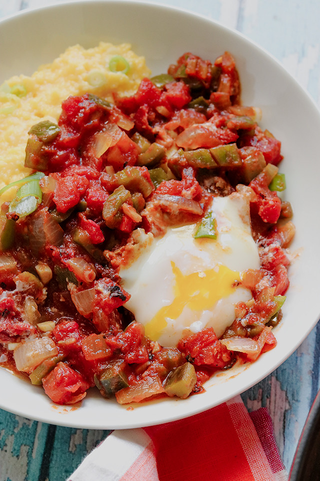 Cajun Eggs in Purgatory with Cheddar-Scallion Grits