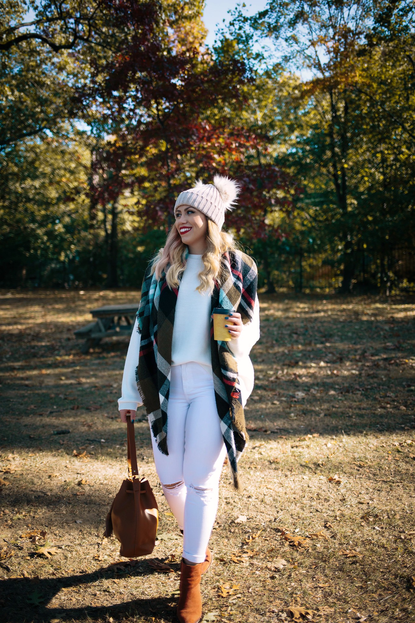 Winter White Outfit with Plaid Scarf, Pom Pom Hat & Cognac Suede Boots | Easy Fall Outfits to Recreate | Fall Outfit Inspiration | Simple Fall Outfits | Winter Fits | New York Fall Foliage
