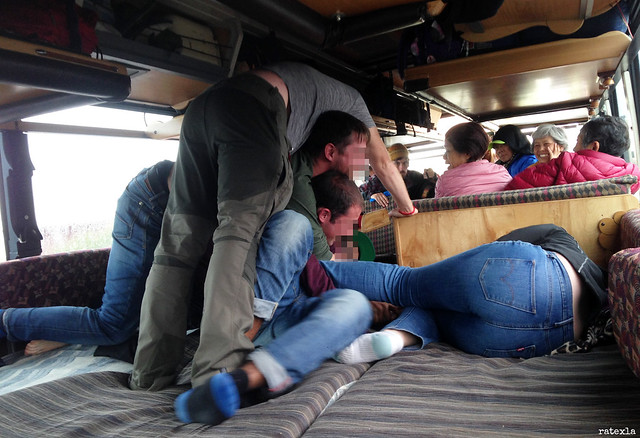 20180701_i1 Pile of humans on the Green Tortoise bus, somewhere between Tok & Chena Hot Springs, Alaska