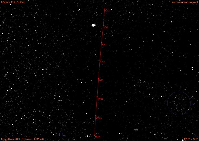 A C/2020 M3 (ATLAS) üstökös mozgása a következő napokban. A kép alján az M1, jobbra az NGC 1746 nyilthalmaz található, ezekhez képest lehet elkezdeni az egyre halványuló üstökös keresését. Forrás: http://astro.vanbuitenen.nl/comet/2020M3