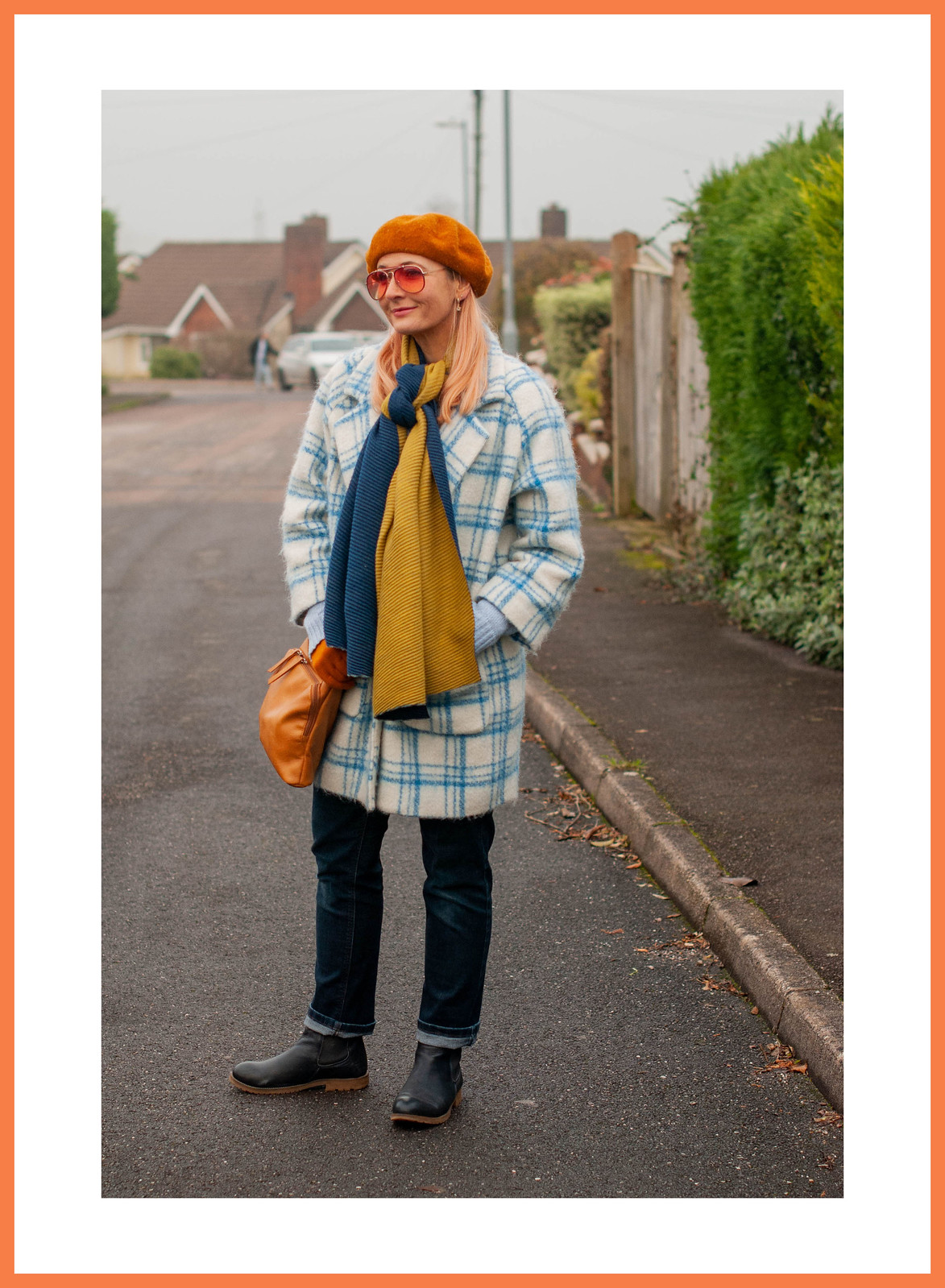 Hot Mess - Or More Coordinated Than I Thought? (Catherine Summers AKA Not Dressed As Lamb wearing blue/white checked cocoon coat, dark straight leg jeans, navy Chelsea boots, navy/ green woollen scarf, pumpkin orange beret and gloves, tan cross-body bag)