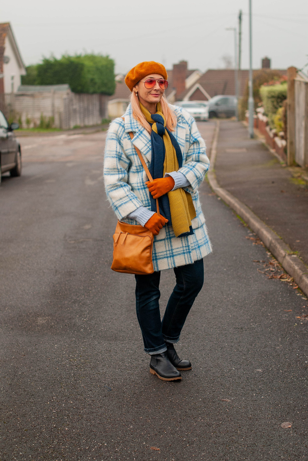 Hot Mess - Or More Coordinated Than I Thought? (Catherine Summers AKA Not Dressed As Lamb wearing blue/white checked cocoon coat, dark straight leg jeans, navy Chelsea boots, navy/green woollen scarf, pumpkin orange beret and gloves, tan cross-body bag)