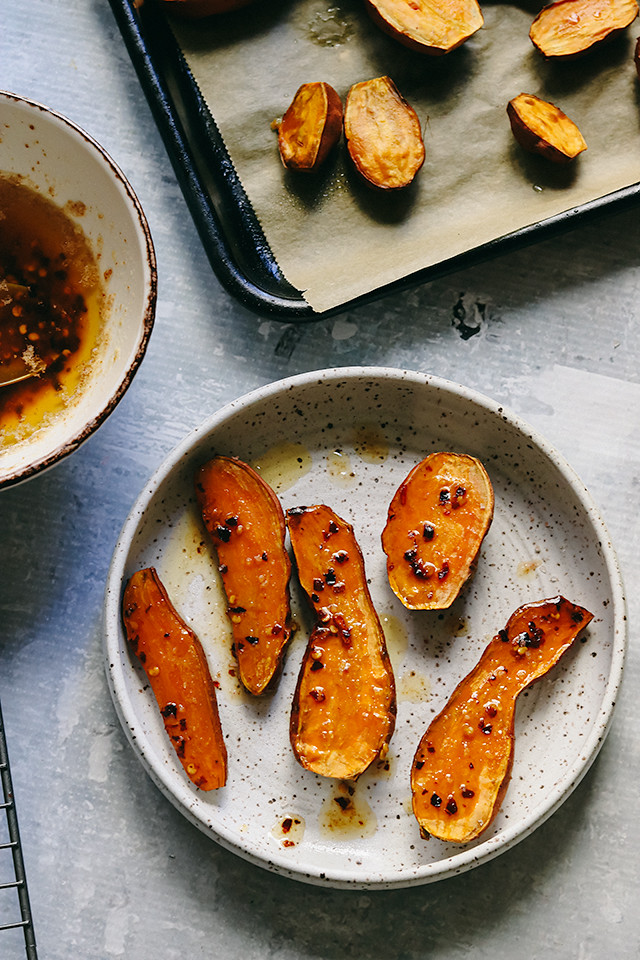 Roasted Sweet Potatoes with Hot Honey Browned Butter
