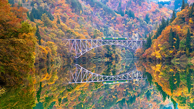Autumn leaves train (No. 1 Tadami River Bridge, Mishima Town) Fukushima Japan