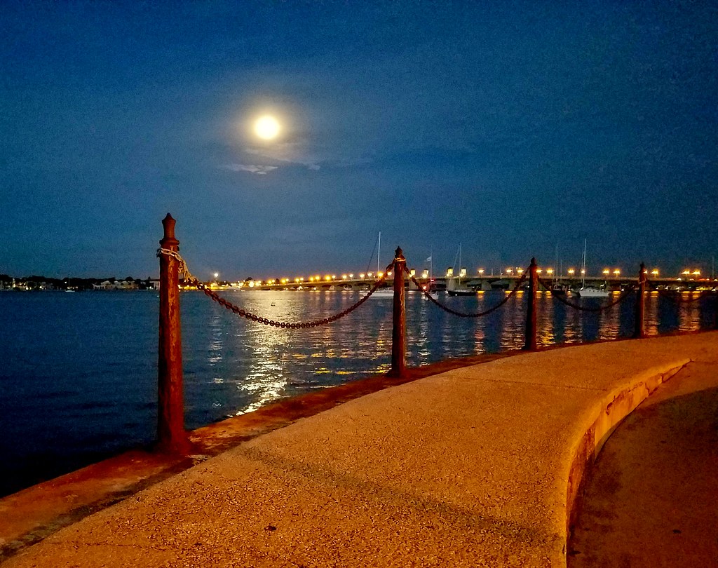 Saint Augustine Florida, hot July moon, Matanzas River and Lion Bridge, air thick with humidity (88%).  cropped.