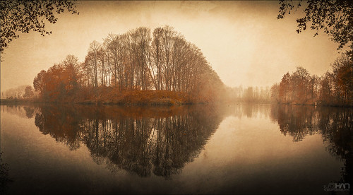 diest halvemaan mist reflection water waterscape tree trees fall leaves mandelbrot landscape autumn belgium panorama