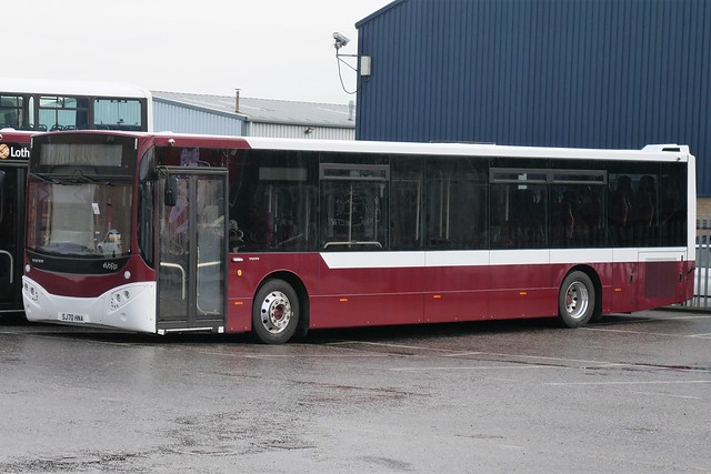 Lothian Volvo B8RLE MCV EvoRa SJ70HNA at Seafield Works, as yet unliveried but should be 66, being prepared for service on 3 December 2020.