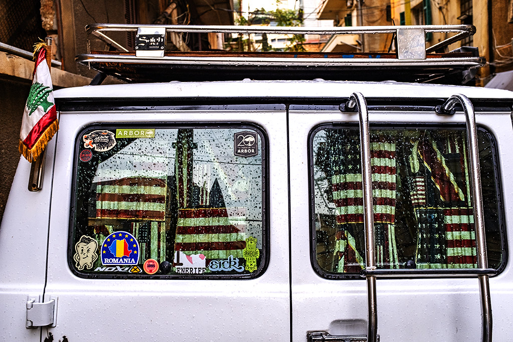 American flag curtains inside van in Gemmayze--Beirut
