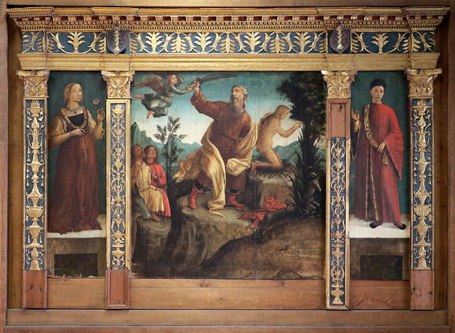 Liberale da Verona (Verona, 1445 circa – Verona, 1530) - pala d'altare con Sacrificio di Isacco e donatori (1515-1529 ca) - olio su tavola  (scomparto centrale 212x139,5 cm - scomparti laterali 149x42 cm) Museo di Castelvecchio, Verona