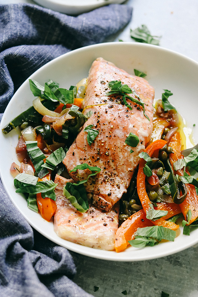 Provencal Salmon with Sweet Onions, Peppers, and Capers