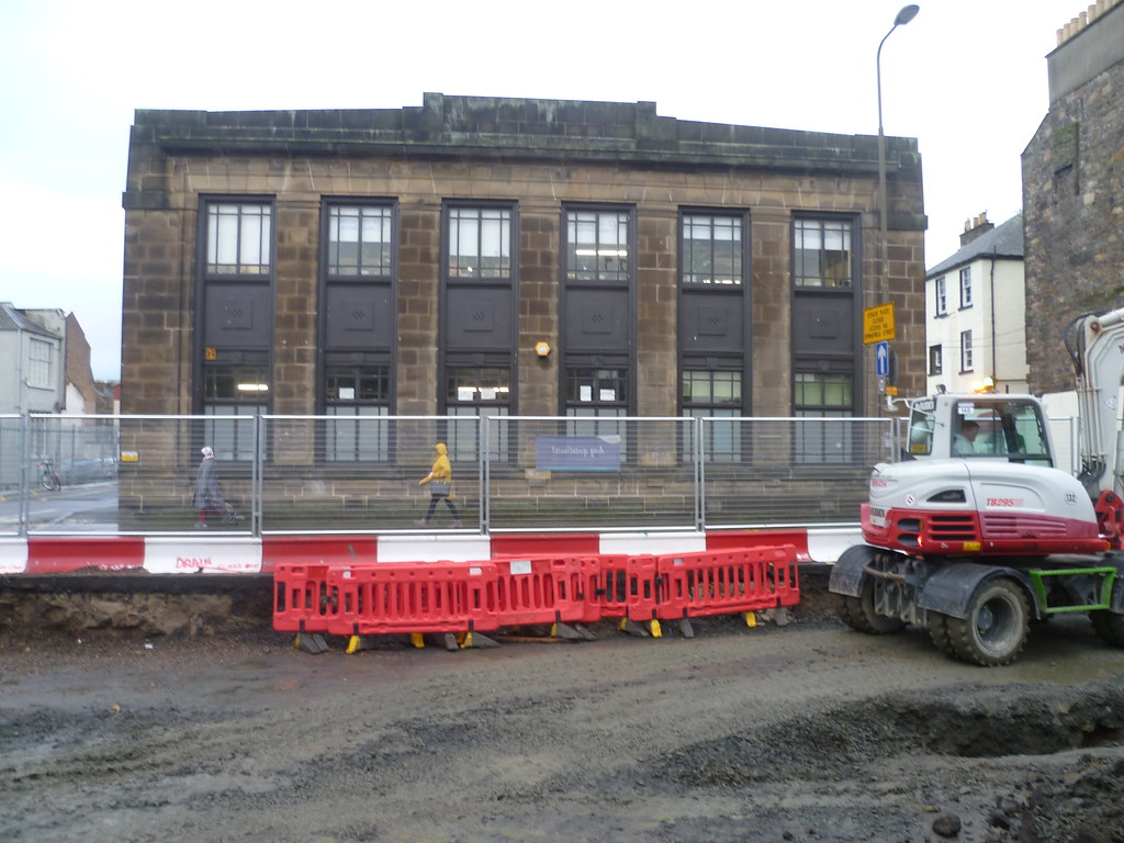 Tram works in 2020 in front of former Leith tram depot offices.