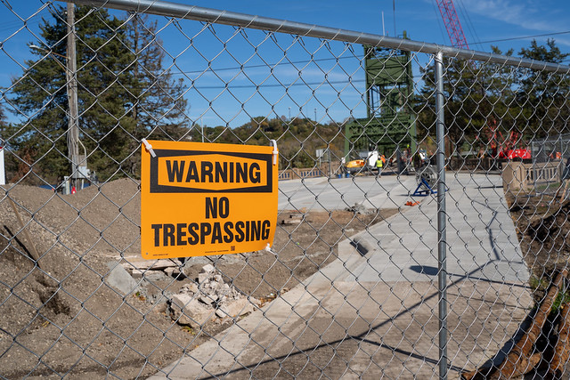 Stillwater, Minnesota - October 14, 2019: No trespassing sign at the Stillwater Lift Bridge construction site