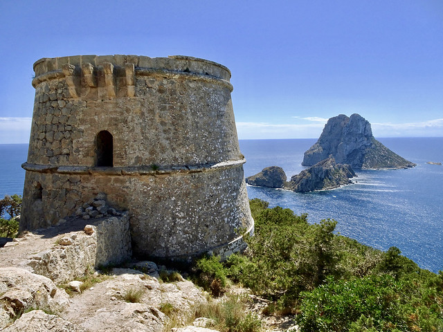 Torre des Savinar and rock of Es Vedrà, Ibiza.