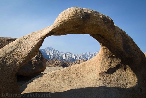 Lone Pine Peak and Mt. Whitney through the famous Mobius Arch along the Arch Loop, Alabama Hills National Scenic Area, California