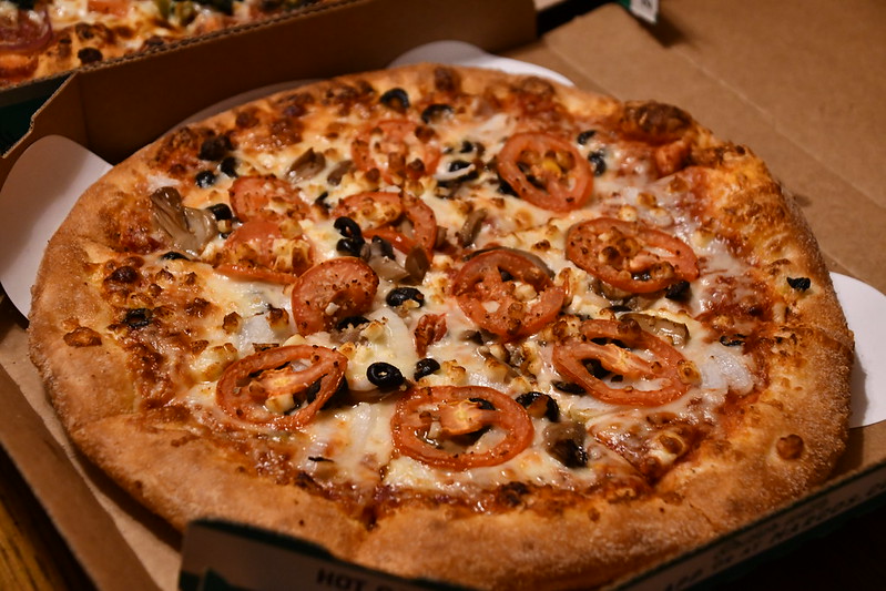 Marco’s: Garden: Mushrooms, black olives, onions, sliced tomatoes, our original sauce and signature three cheeses, plus feta. Medium for $14.99.