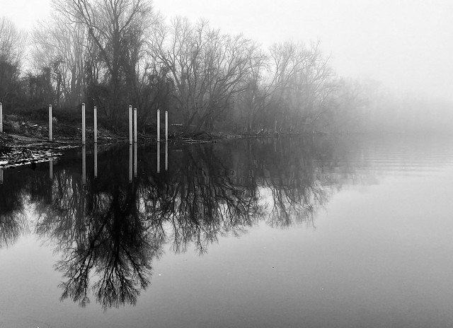 Foggy Morning, Connecticut River, Glastonbury, the posts mark the boat launch ramp.