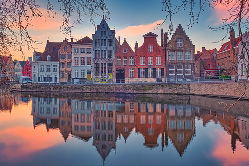 oldhouses architecture brugge bruges belgium canal reflections sunset