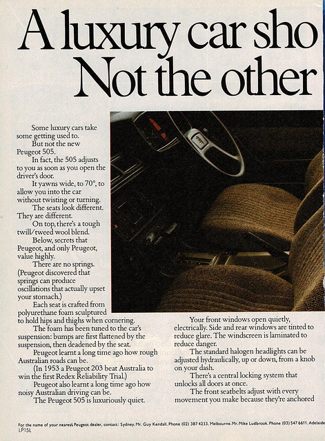 1982 Peugeot 505 Sedan Page 1 Aussie Original Magazine Advertisement