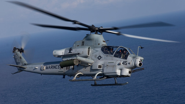 A U.S. Marine Corps AH-1Z Viper helicopter trains during Cooperation Afloat Readiness and Training (CARAT) Singapore.