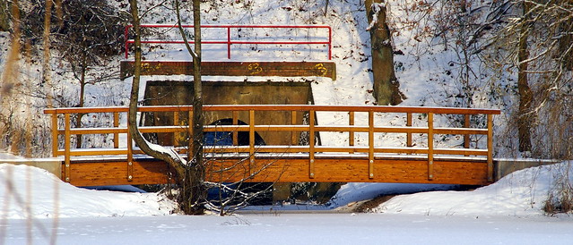 Red bridge with snow