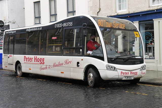 Peter Hogg of Jedburgh Optare Solo M960SM YJ11OJL operating service 80 Town Service at Woodmarket, Kelso, on 15 December 2020.