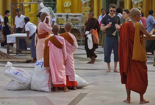 Myanmar/ Burma, Yangon,. Die prächtigste Pagode - der Shwedagon, religiöses Zentrum des Landes , Novizinnen mit Säcken voller Geldscheinen - Opfergaben der vielen Gläubigen. 78079/13249 | by roba66