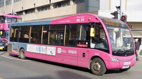 YJ61 CFN ‘Nottingham City Transport’ No. 335 ‘Pink line 30, 31’. Optare M995 Solo SR on Dennis Basford’s railsroadsrunways.blogspot.co.uk’