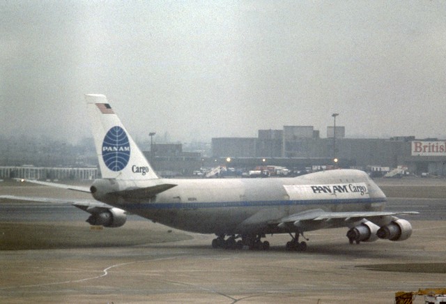 N903PA Pan Am Cargo Boeing 747-123F taxiing past Car Park 2 at London Heathrow in ex-Flying Tigers bare metal finish