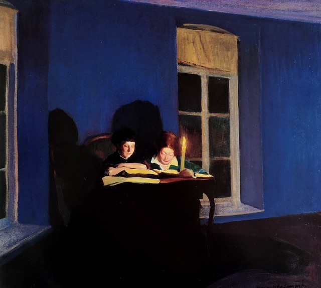 Konrad Krzyzanowski. A la luz de una vela [Emilia Wysocka y la mujer del artista en el salón de Peremyl] 1914