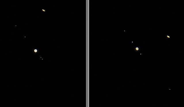 Great Conjunction photos taken exactly 24 hours apart showing the change in position of the planets and the Galilean moons. Photo on left taken from 6'700 feet, photo on right taken at 10,800'.