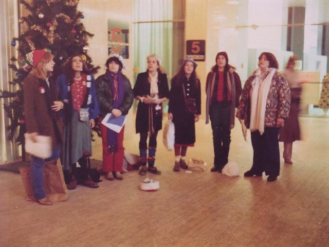 The Roches caroling in the World Trade Center lobby 1980
