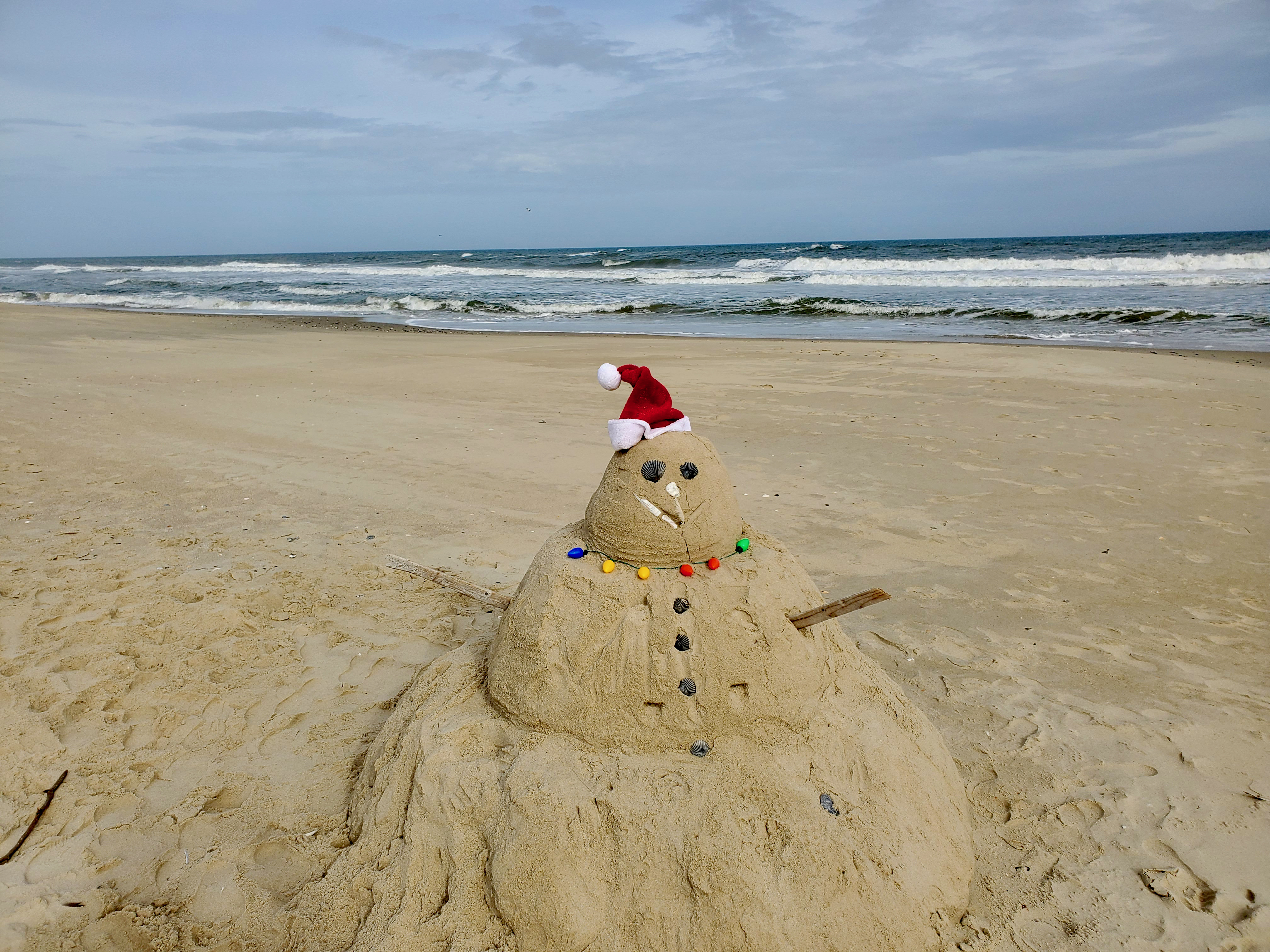 A sandman, not a snowman on Corolla Beach. My own photo.
