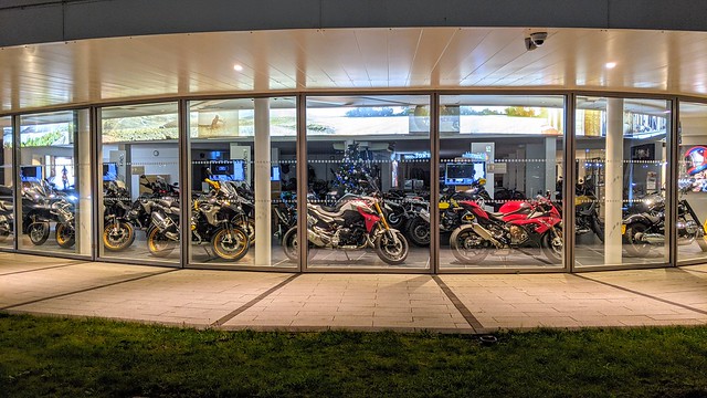 Festive motorbike showroom at the docks