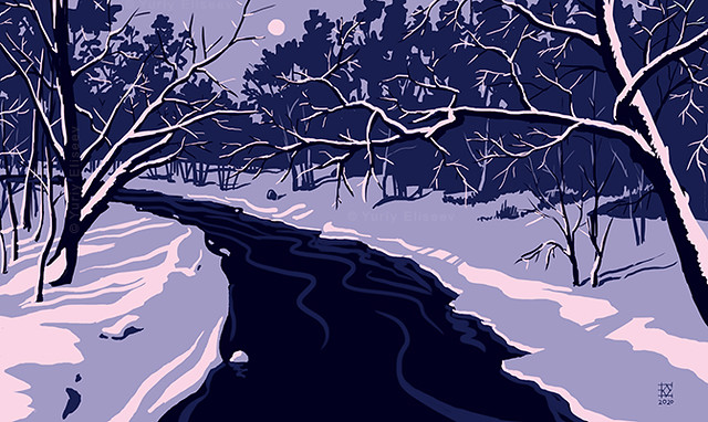 Winter evening. Pehorka river. / digital illustration /