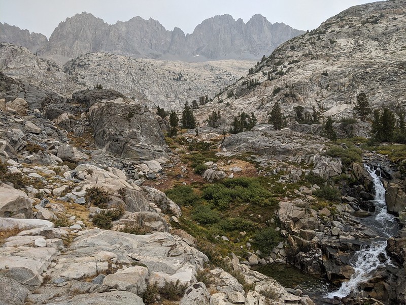 Mount Williams, Norman Clyde Peak, and Middle Palisade above a waterfall on Palisade Creek, from the PCT