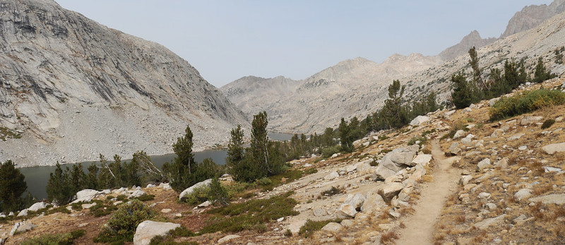 Panorama view from the Pacific Crest Trail as it traverses above one of the Palisade Lakes (Lake 10679)