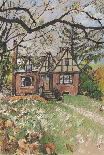 house urbanlandscape cedarfallsiowa tudorhouse autumn commission coloredpencil ink whitegelpen wickercoloredpaper marciamilnerbrage