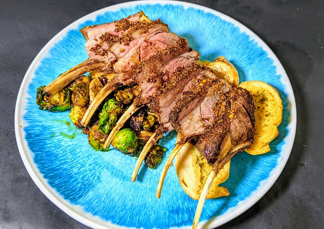 Lamb Rack with Hararhi Fry Gosht Crumb, Toasted Sprouts and Swede Mash