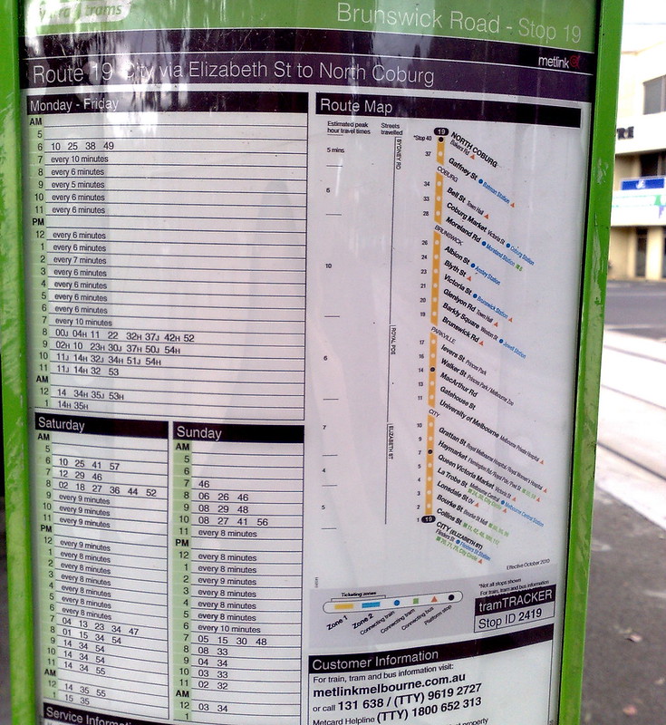 Frequency timetable on tram route 19 (December 2010)