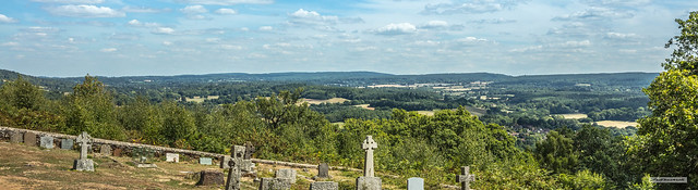 North Downs, Shere Church spire, Leith, Holmbury and Pitch Hills and the village of Albury, from the Church Yard of St. Martha's-on-the-Hill, above Chilworth.