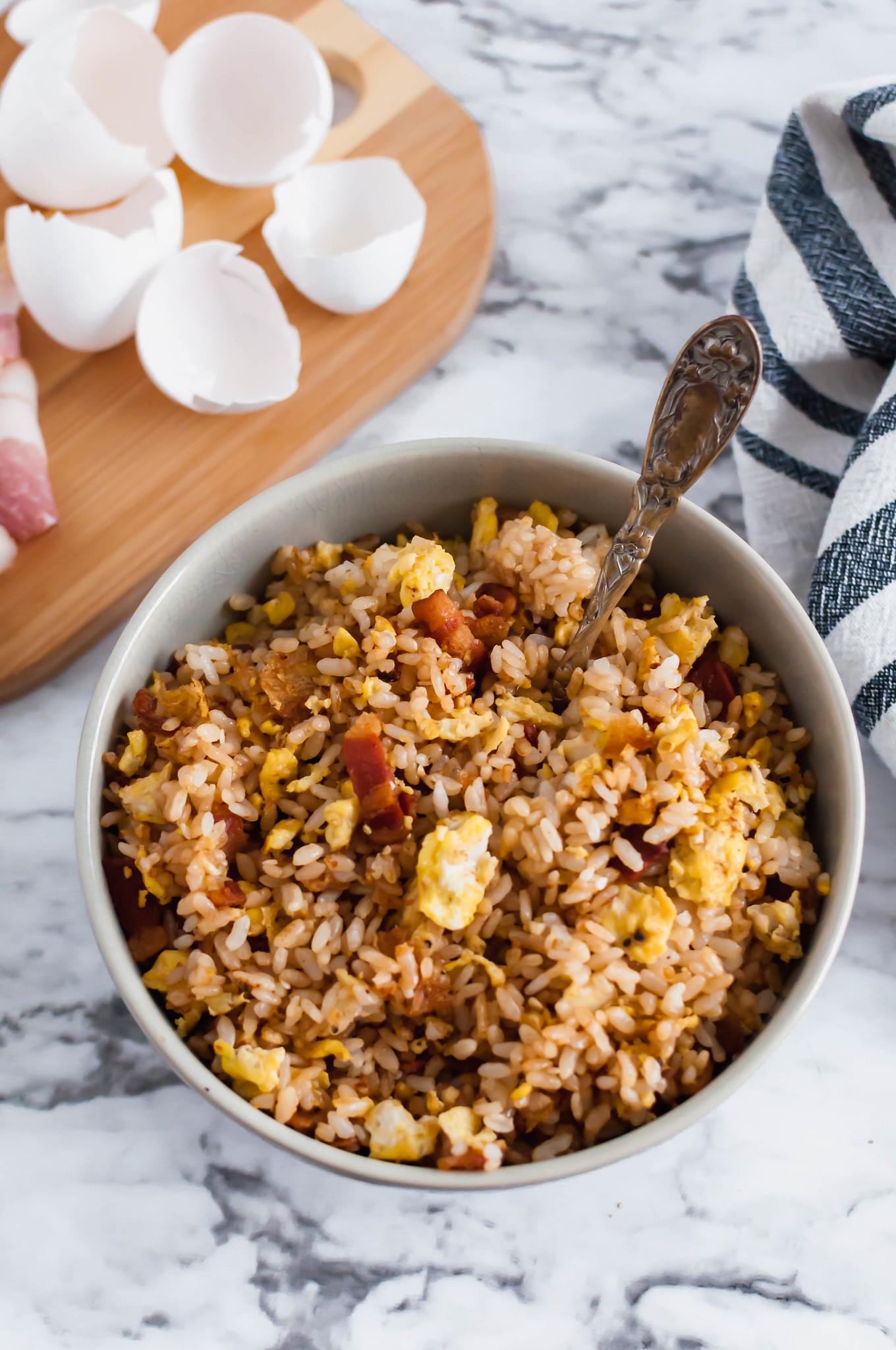 Rice isn't just for dinner. This breakfast fried rice is packed full of scrambled eggs and bacon. A popular recipe in 2020.