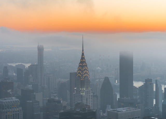 Chrysler Building during a foggy sunrise
