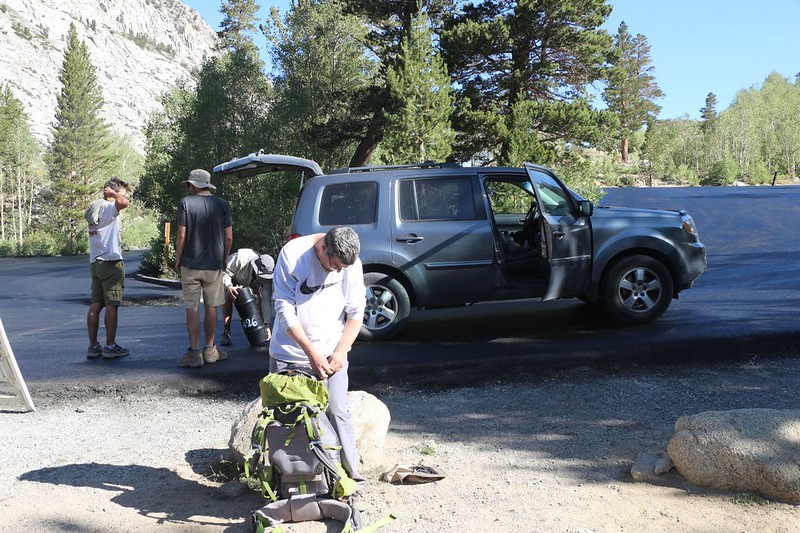 We arrived at the Bishop Pass Trail trailhead parking lot at South Lake, and were lucky to score a ride down to the car