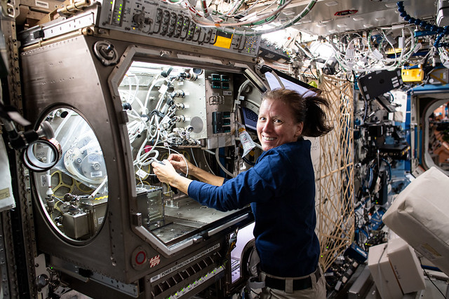 Expedition 64 Flight Engineer Shannon Walker sets up hardware inside the Microgravity Science Glovebox
