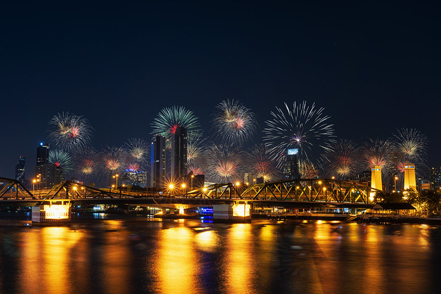 Firework New year Celebration at the Phra Phuttha Yodfa Bridge, Memorial Bridge. Bangkok Thailand -January 1,2021.