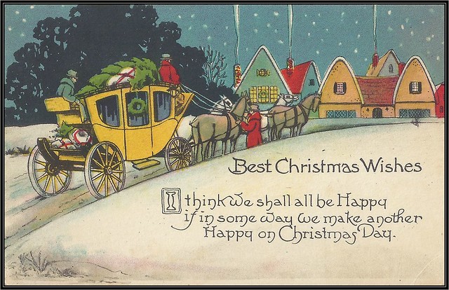 c. 1930 Series No. 1179 Christmas & Designs Postcard - Best Christmas Wishes! Stagecoach Christmas Tree Delivery on a Snowy Evening