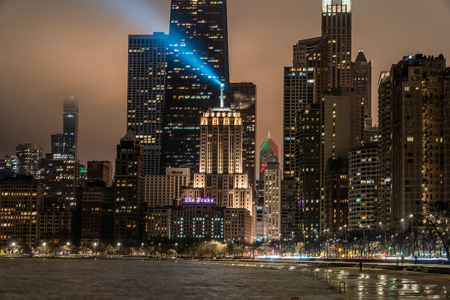 Chicago Skyline Palmolive Spotlight Winter Fog - Drake Hotel 100th Anniversary 