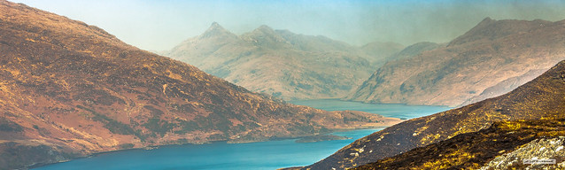 Smoke-screened panorama, caused by heather-burning, of Sgùrr na Ciche and Loch Nevis from 230m. (755 feet), above the former village of Wester Stoul.