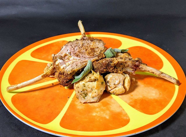 Spicy coated Lamb Cutlets with Artichoke and Sage