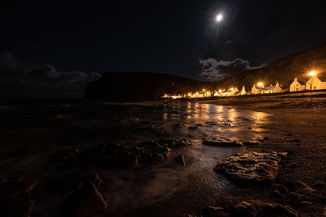 Moonlight over Pennan shoreline